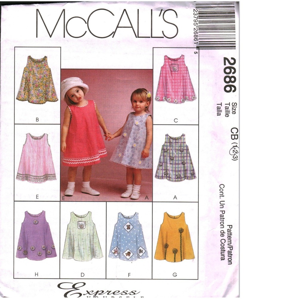 McCall's 2686 Toddler Dress Sewing Pattern Size 1-2 A-Line Sleeveless Scoop